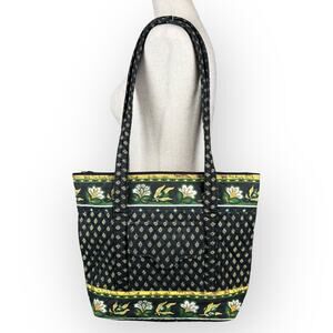 Vintage 90s Quilted Tote Purse Bag Black Green‎ Paisley Floral Retro Casual